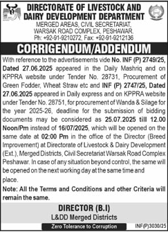 Dairy Development Department Peshawar Tender Notice